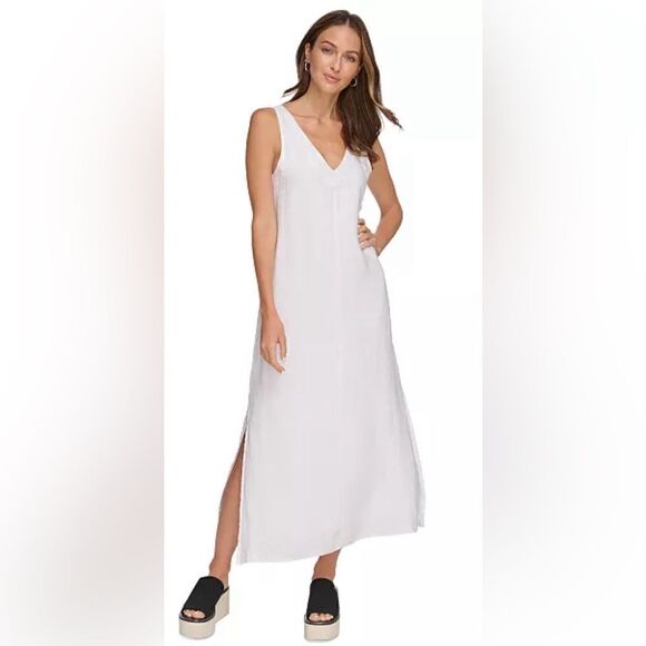 DKNY V-Neck Maxi Dress White 100% Linen NWOT Size L - Picture 1 of 6